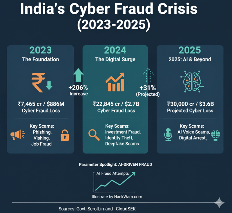 'India's Escalating Scam Crisis (2023-2025)' showing the steep rise in cyber financial losses in India. Key figures include ₹7,465 Crore loss in 2023, a massive increase to ₹22,845 Crore in 2024 (a 206% jump), and a significant projected loss for 2025, driven largely by AI-enabled fraud, investment scams, and personalized phishing